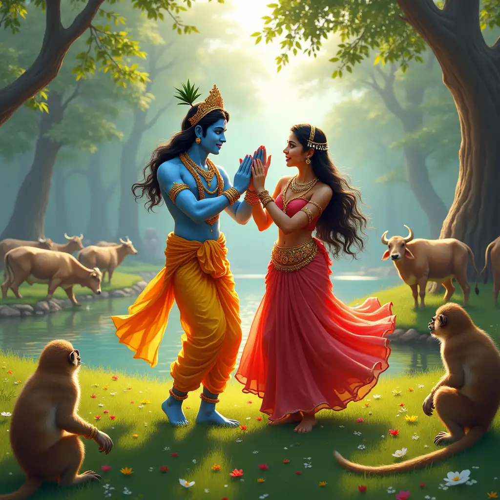 Radha Rani dance with lord Krishna on a green grass and also cows and monkeys near the lake and watch this.