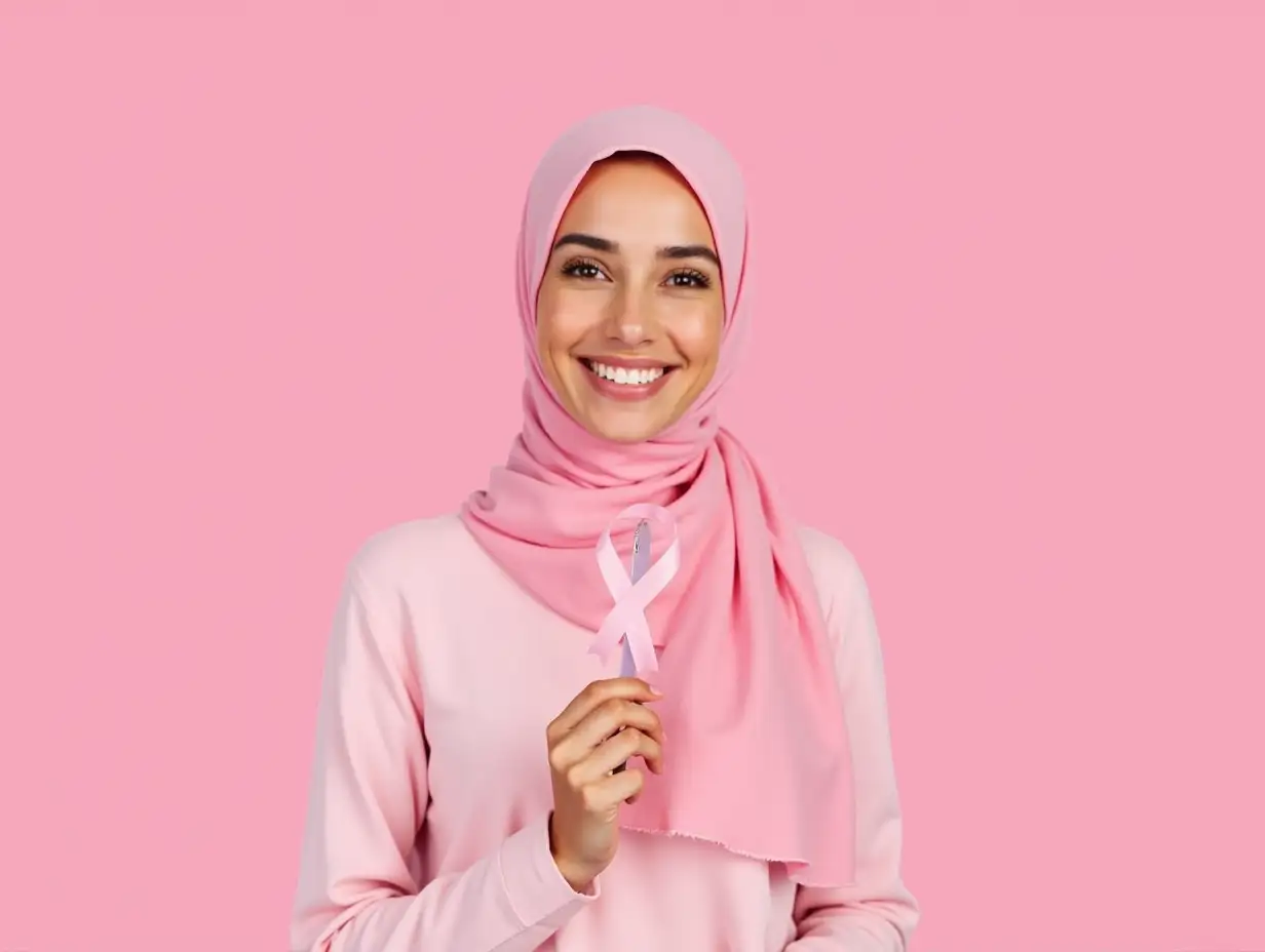 Young beautiful woman wearing pink headscarf holding breast cancer ribbon over isolated pink background with a happy face standing and smiling with a confident smile showing teeth