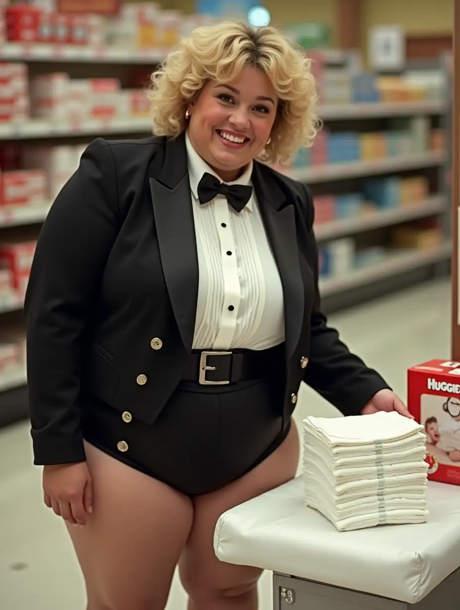 Plump-Caucasian-Woman-in-Formal-Orchestra-Tuxedo-Presenting-Huggies-Diapers-in-Supermarket