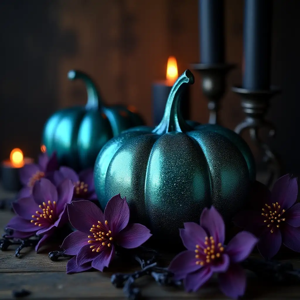 Elegant-Halloween-Pumpkin-Decorations-with-Turquoise-Glitter-and-Dark-Purple-Flowers