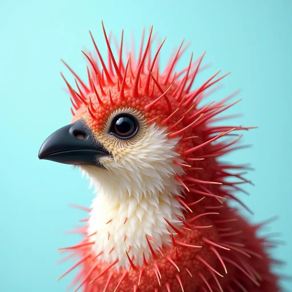 A bird with a lychee face mask, A unique creature that combines the characteristics of birds and lychee fruits is depicted in this image. This creature has a red prickly outer layer similar to a lychee peel, while its inner part is soft and white, like the flesh of a lychee. The creature's beak is black, and it looks to the side at something. The background is light blue, contrasting sharply with the color of the creature.