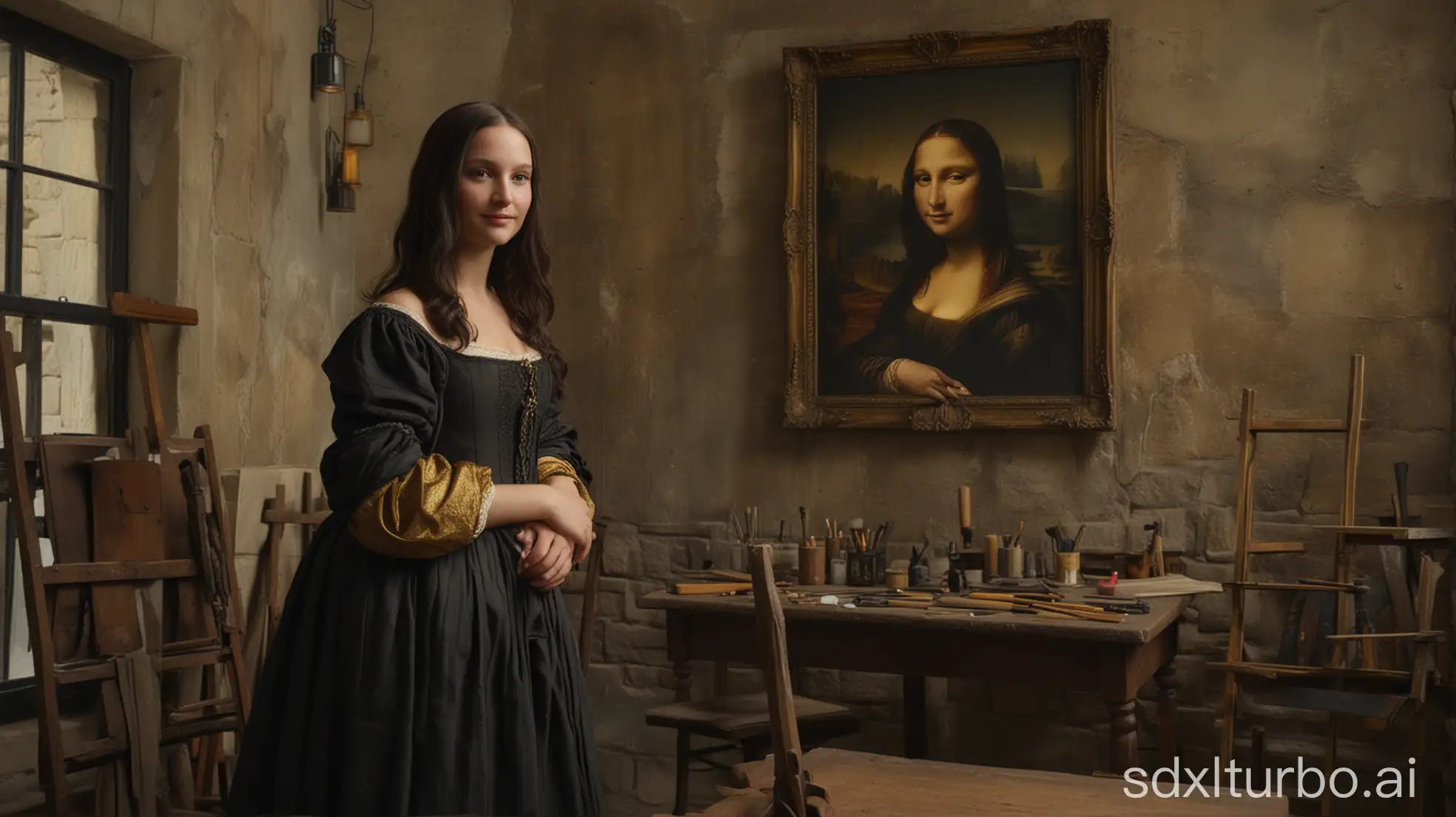 An ultra-realistic Mona Lisa,  with a gentle smile, in her renaissance dark dress with gold sleeves, sitting and posing gracefully. The scene takes place in  the Leonardo Da Vinci renaissance-era studio, filled with wooden easels, sketches, and antique tools. Soft light filters through large windows, illuminating the aged stone walls and intricate details of the studio.