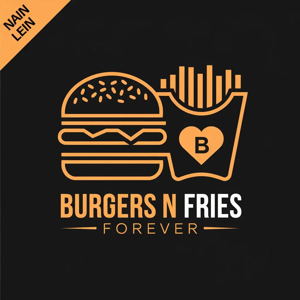 LOGO Design for Burgers N Fries Modern with Burger Fries Symbol Heart Icon and Bold Orange White Elements