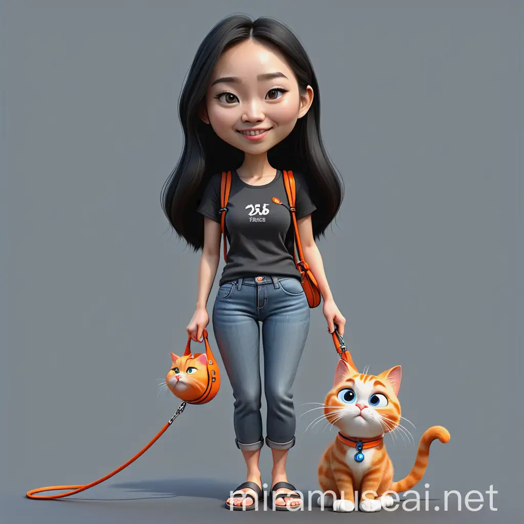 Realistic 3D Caricature of a Chinese Woman with Cat on Leash
