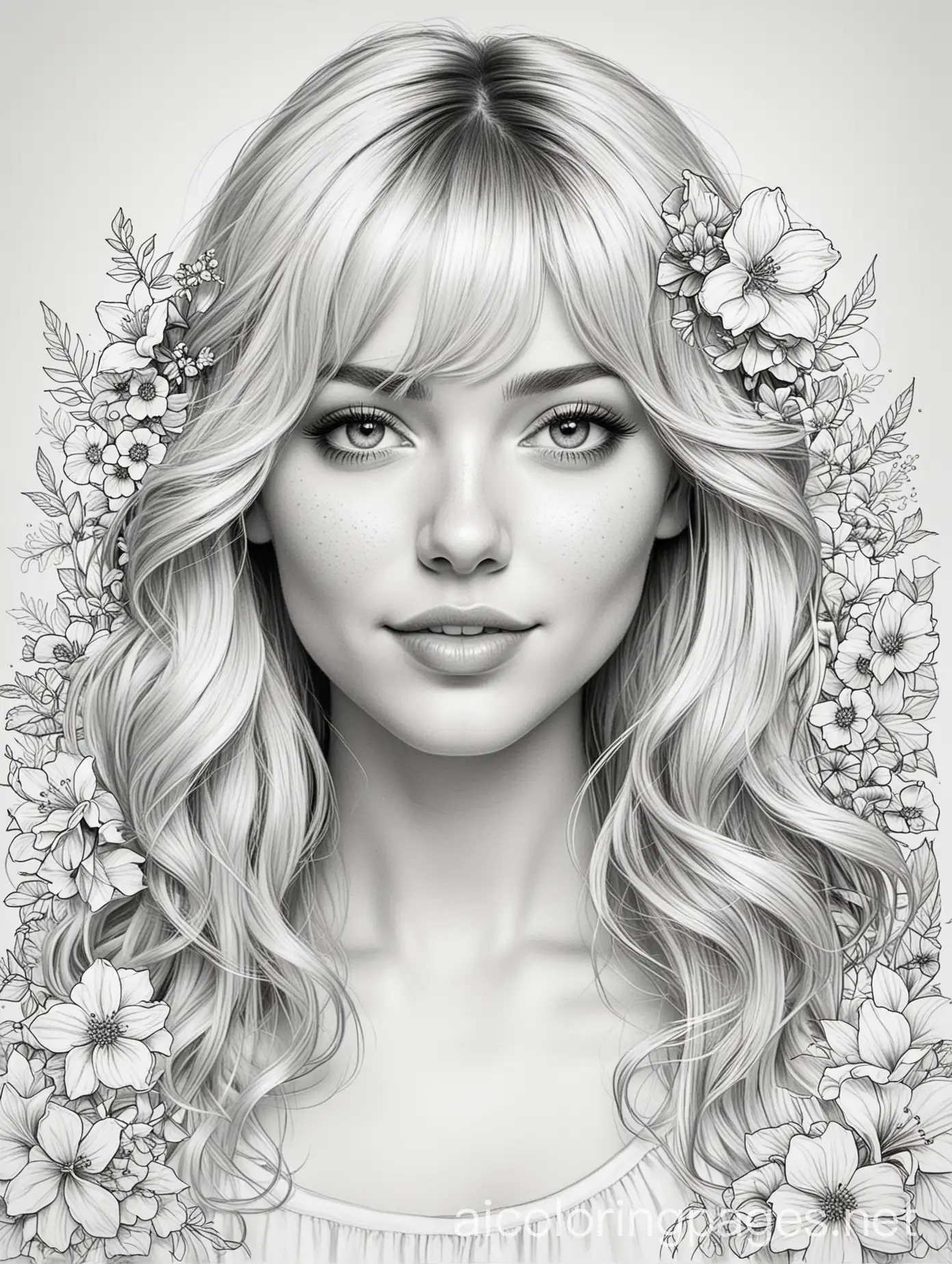 Coloring page of a 24 year old american female, medium length blonde wavy hair with bangs, roundish face shape, flowers around her , Coloring Page, black and white, line art, white background, Simplicity, Ample White Space. The background of the coloring page is plain white to make it easy for young children to color within the lines. The outlines of all the subjects are easy to distinguish, making it simple for kids to color without too much difficulty