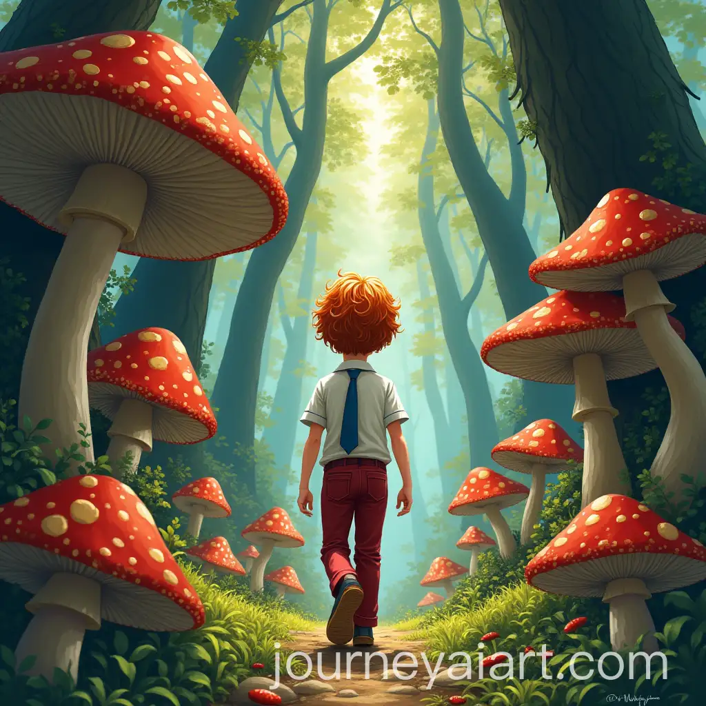 Schoolboy-with-Wavy-Red-Hair-and-Unique-Necktie-Entering-Mushroom-Forest