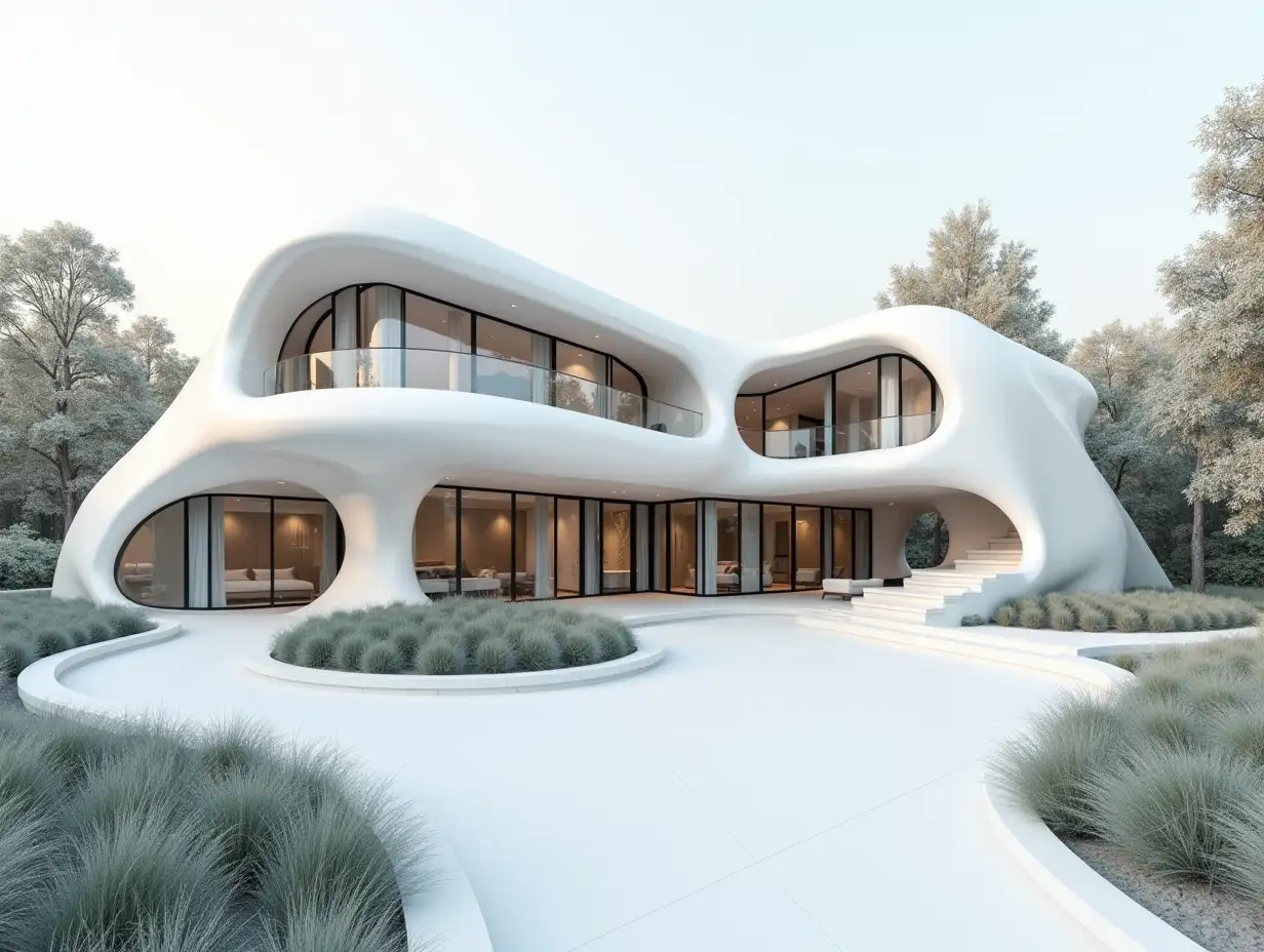 Curvilinear house in White-with stucco in the form of plant ornaments, large windows with glass to, curved, smooth window shapes, winding wide entrance staircase complex curved roof