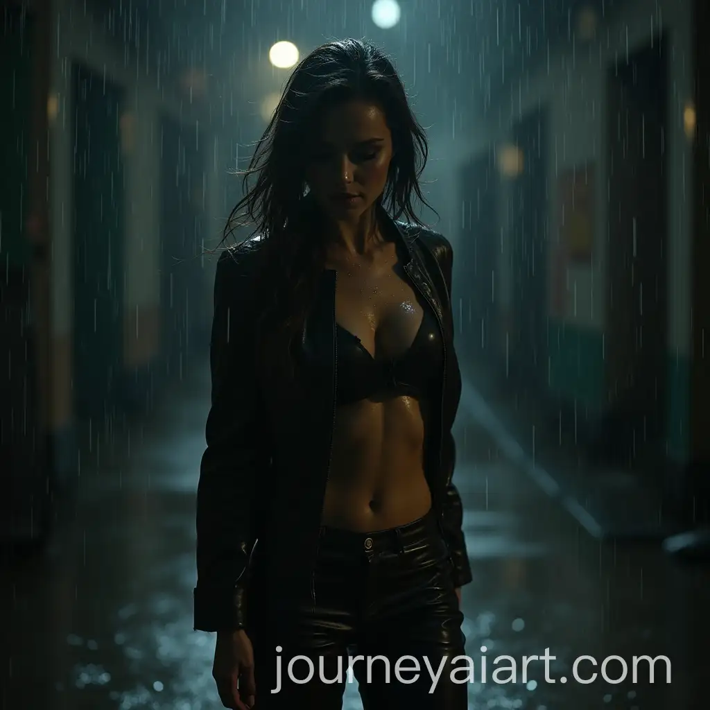Confident-Woman-in-Leather-Walking-Through-Torrential-Rain-in-High-Heels