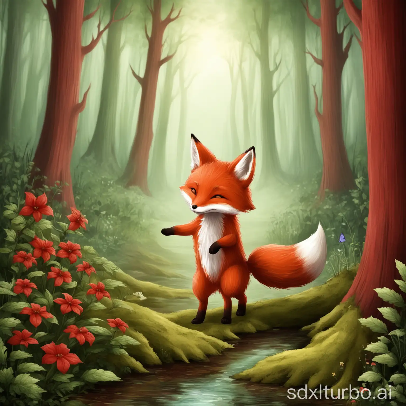 In the past, there was a little fox named Little Red, it lived in a beautiful forest. Little Red really likes to explore, and every day it wanders around the forest.