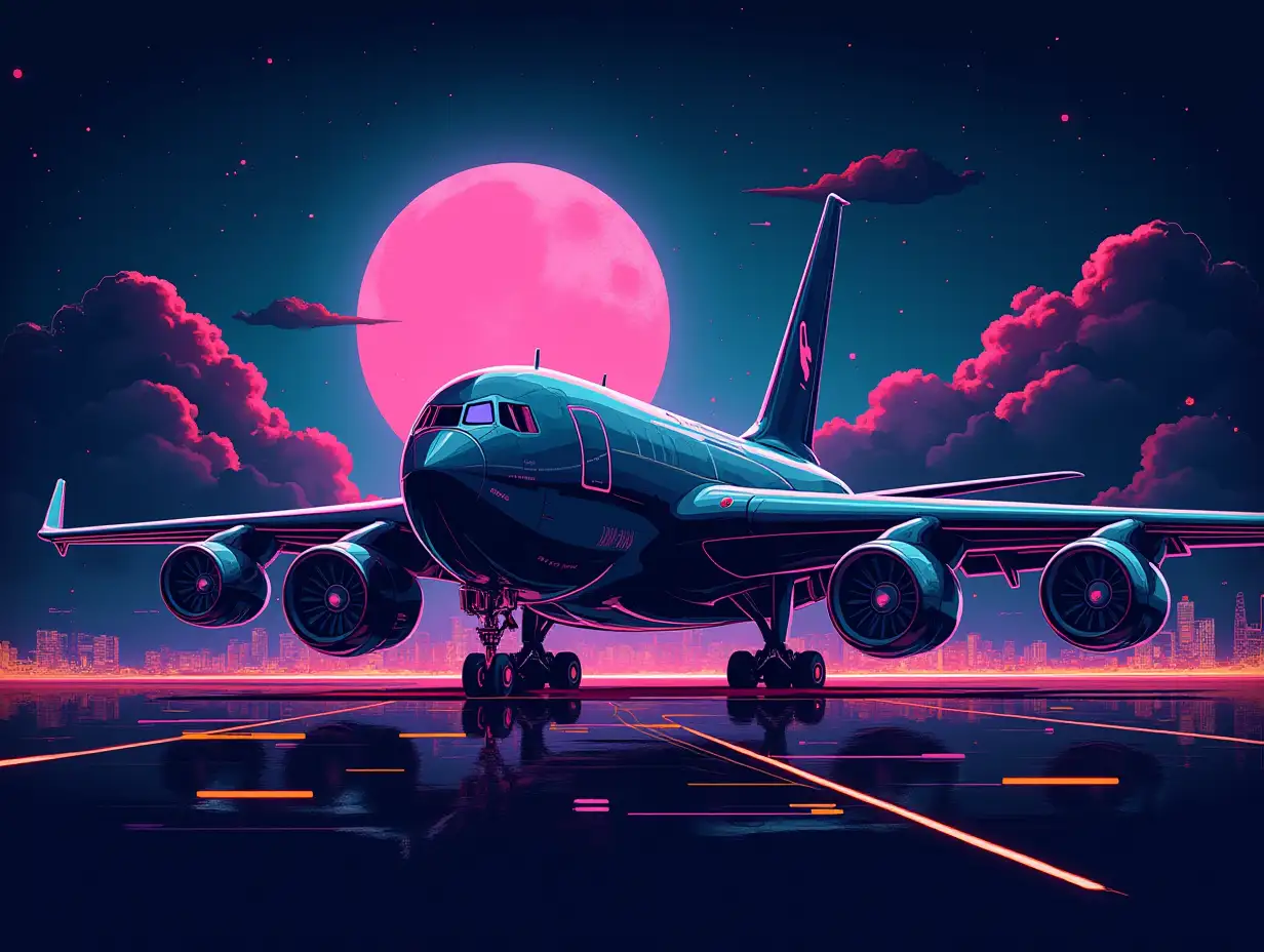Tshirt design: a bold and dynamic t-shirt graphic featuring a military airbase and an military cargo aircraft at night, with neon lights glowing in shades of blue, pink, purple, orange, yellow and green inspired by cyberpunk style. Incorporate abstract geometric shapes and digital patterns to give a cyberpunk vibe. In the background, include a large moon and glowing clouds and an airbase scene, The design should feel modern, tech-driven, and visually striking, with a mix of sleek minimalism and vibrant color accents.