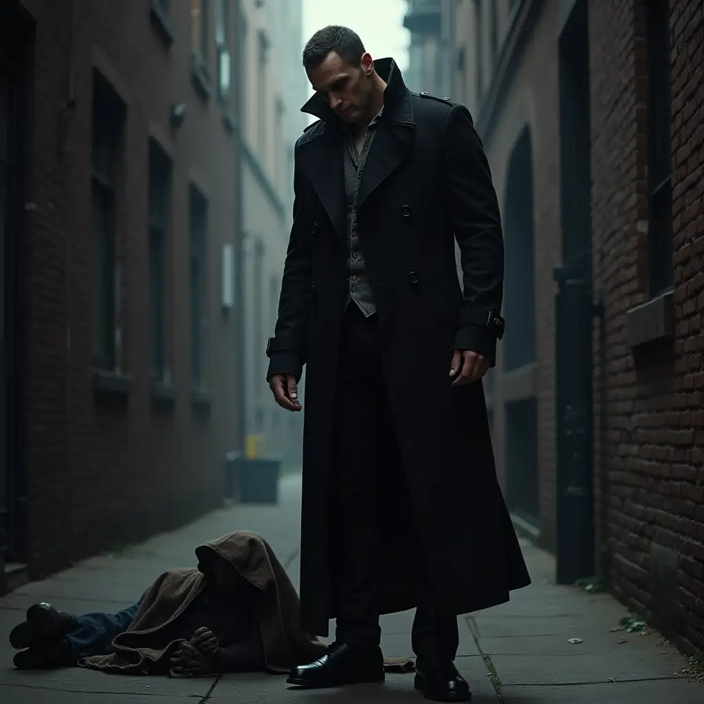 Muscular-Vampire-in-Black-Trenchcoat-Looming-Over-Homeless-Person-in-Dark-New-York-Alley