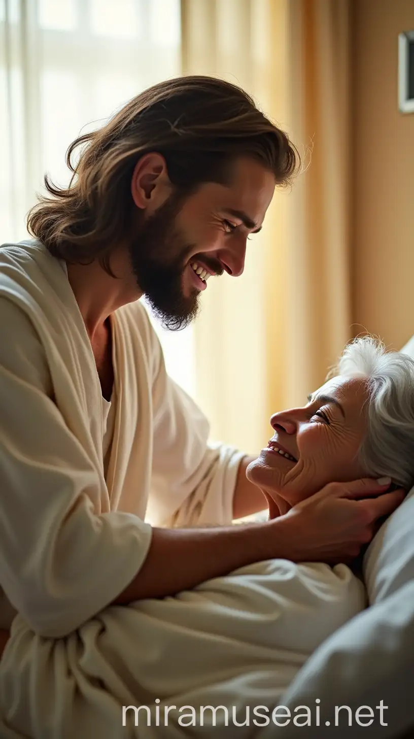 A young man with long hair and a beard, wearing a white tunic, gently touches the head of an elderly woman with gray hair. He smiles tenderly as the woman, lying in a hospital or ward bed, looks at him with an expression of serenity. The scene has soft and warm lighting, with light curtains in the background, creating a welcoming and spiritual atmosphere. The environment conveys a feeling of comfort, healing and compassion.