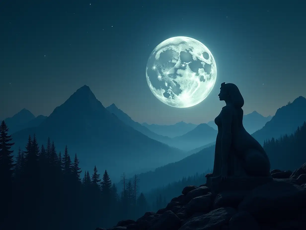 Woman-Sphinx-in-Moonlit-Forest-with-Mountain-Backdrop-and-Starry-Sky