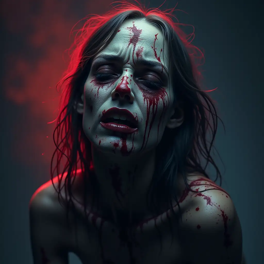 I want a horror image. a human-like zombie, that is crying for help. In a dark but colorful background