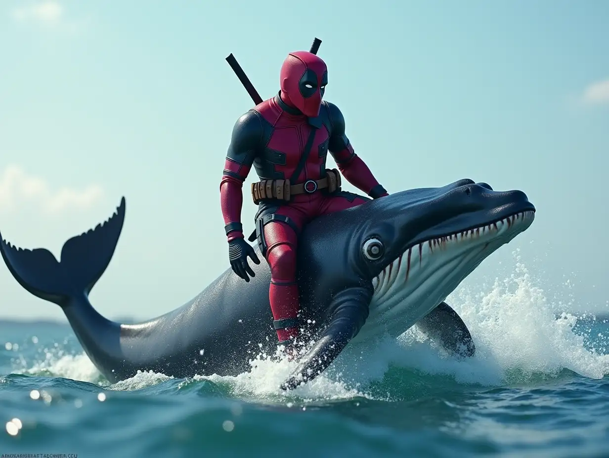 Deadpool monkey riding a whale in a wave in 4k