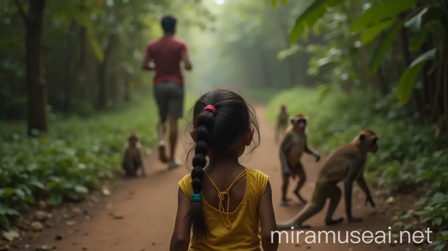 Young Girl Crying in Indian Forest with Monkeys and Running Man