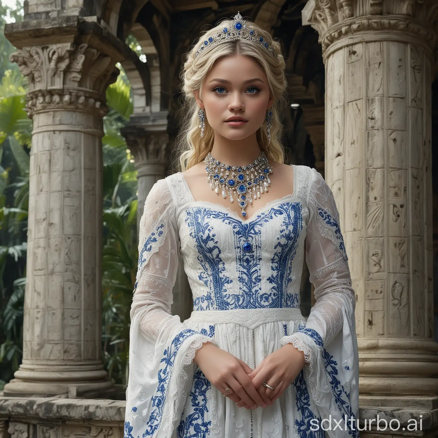 user_prompt: Professional photo from a film. Beautiful tender actress Olivia Holt as a good princess with detailed blue eyes and wavy hair in a medieval white dress adorned with blue patterns and pearl necklace stands against the background of an ancient tropical temple in the jungle. Night. Photo realism. Symmetrical face. Realistic eyes. Full body.