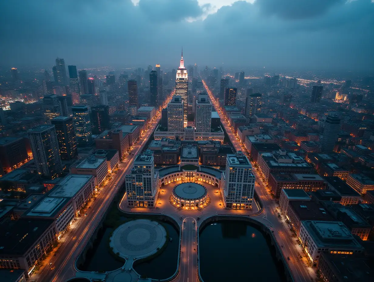 Aerial-View-of-City-Center-with-Bustling-Streets-and-Urban-Landmarks