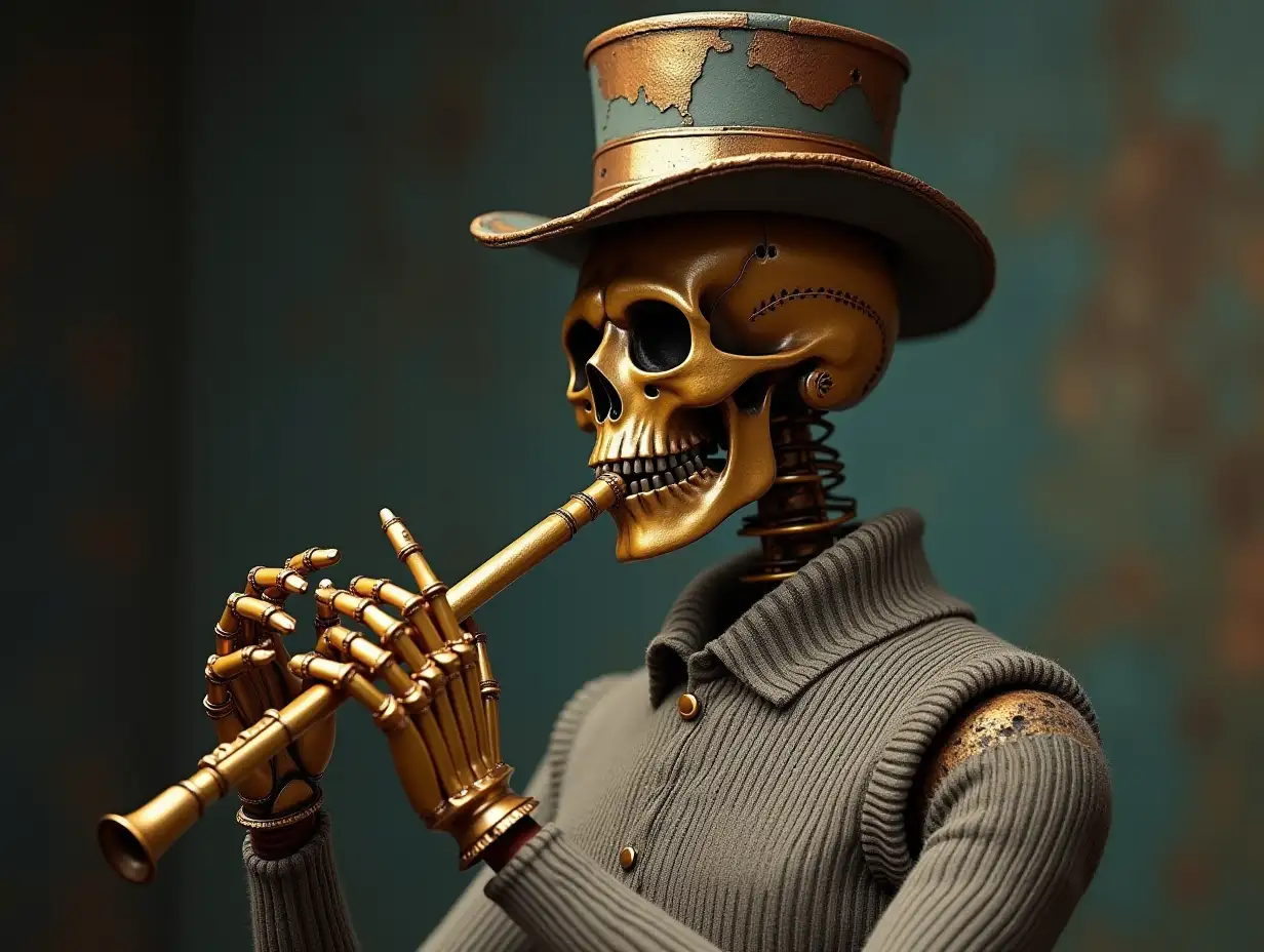 Create a high-resolution, realistic image of a robot with a skeletal body, golden porcelain hands and head, a sweater, a Steampunk top hat, and a flute in 4K resolution (Steampunk 8K quality)