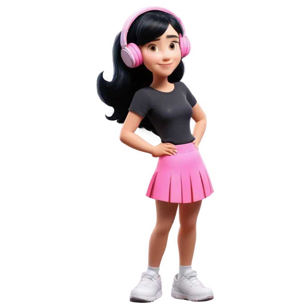 Pixar-Style-PNG-Image-Girl-in-Black-Shirt-Neon-Pink-Skirt-Using-Headphones