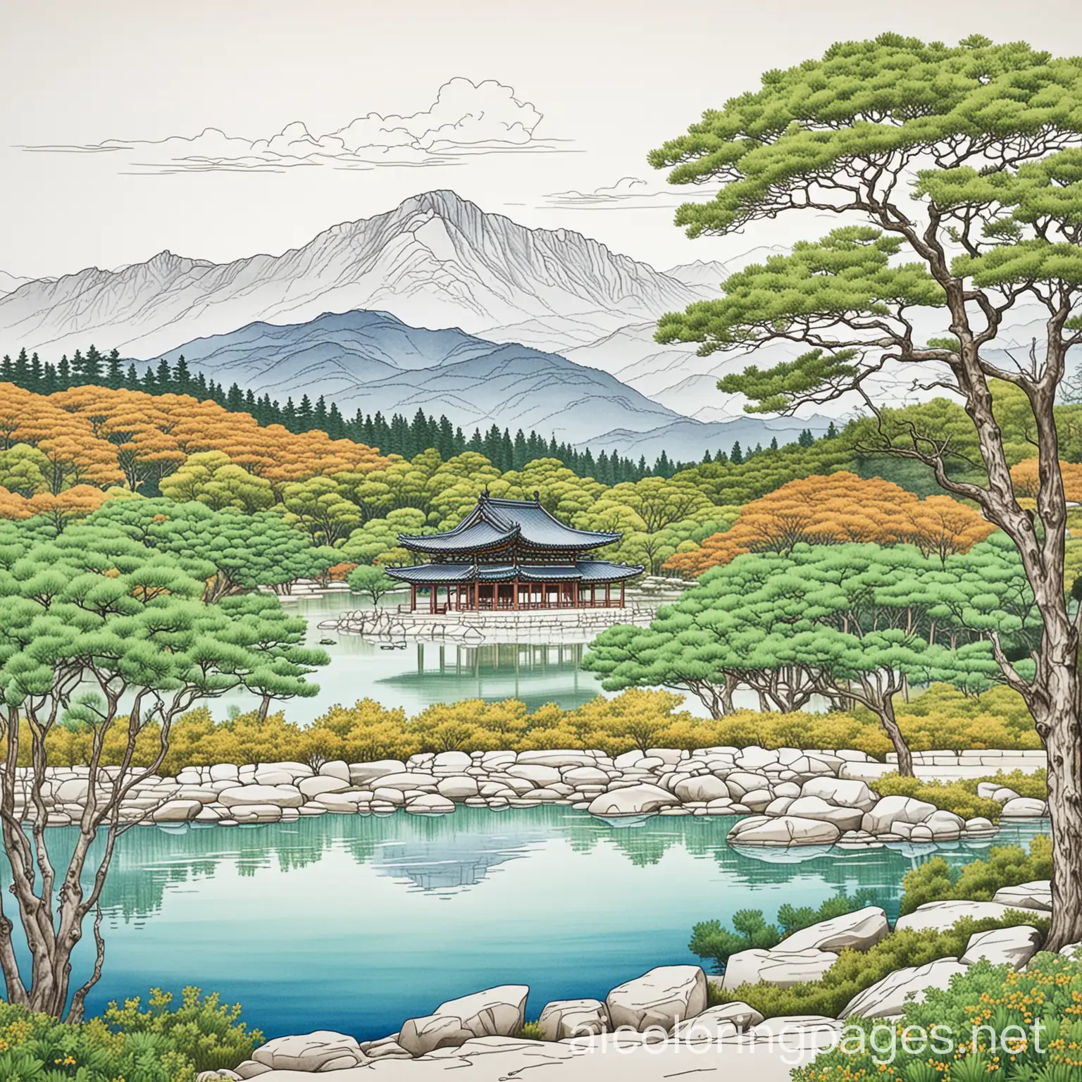 Coloring-Page-of-Gyeongbokgung-Palace-with-Brown-and-Green-Scenery