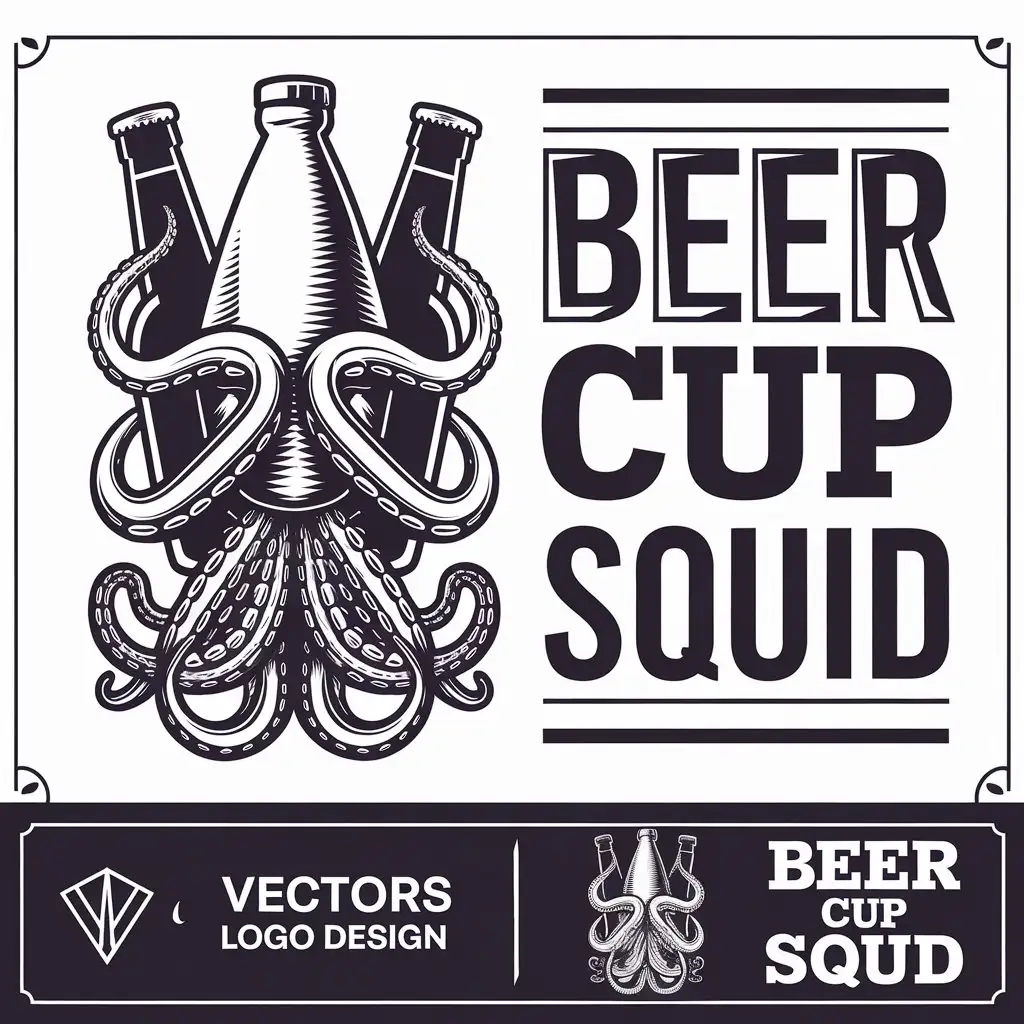 LOGO-Design-For-Beer-Cup-Squid-Modern-Vector-Design-with-Squid-and-Beer-Bottles