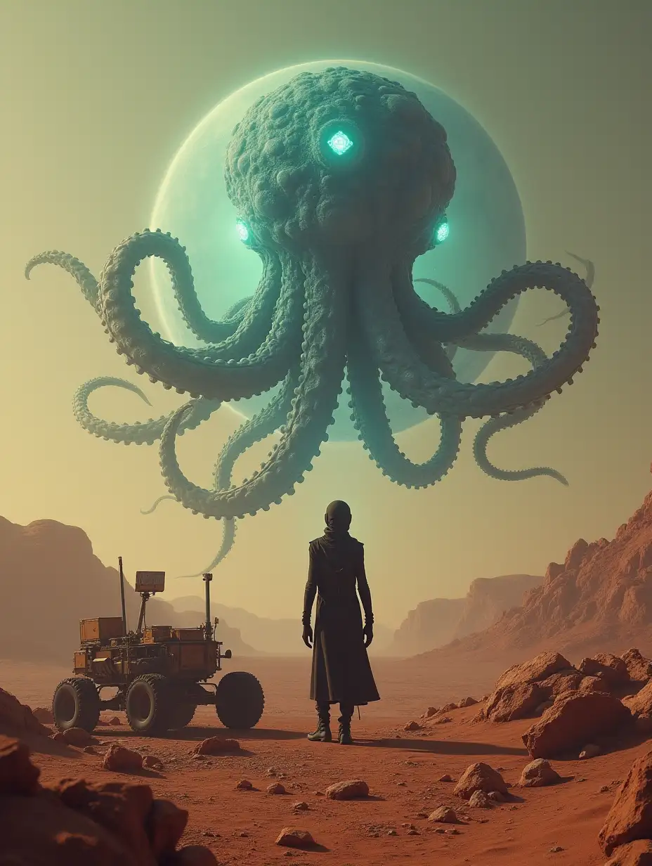 A surreal and hyper-realistic 16K resolution image showing a mysterious alien figure standing over the wreckage of Ingenuity on Mars. In the background, a translucent image of an oceanic alien entity (octopus-like with bioluminescent features) hovers above, blending the mysteries of Earth’s oceans with the vastness of space. The scene is filled with intrigue, connecting the themes of alien life on Earth and Mars.