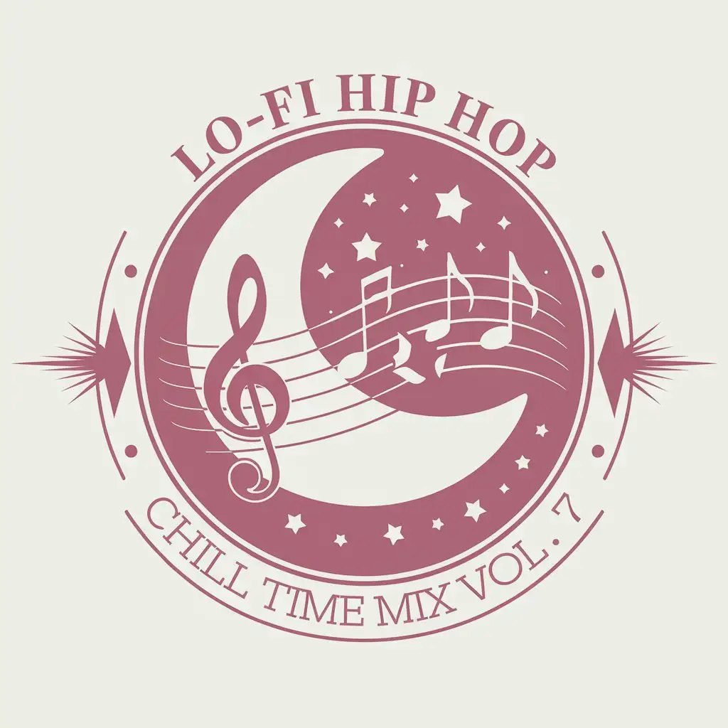 LOGO Design for Lofi Hip Hop Chill Time Mix Vol7 Moon Cat Stars and Musical Notes in Desaturated Pink White