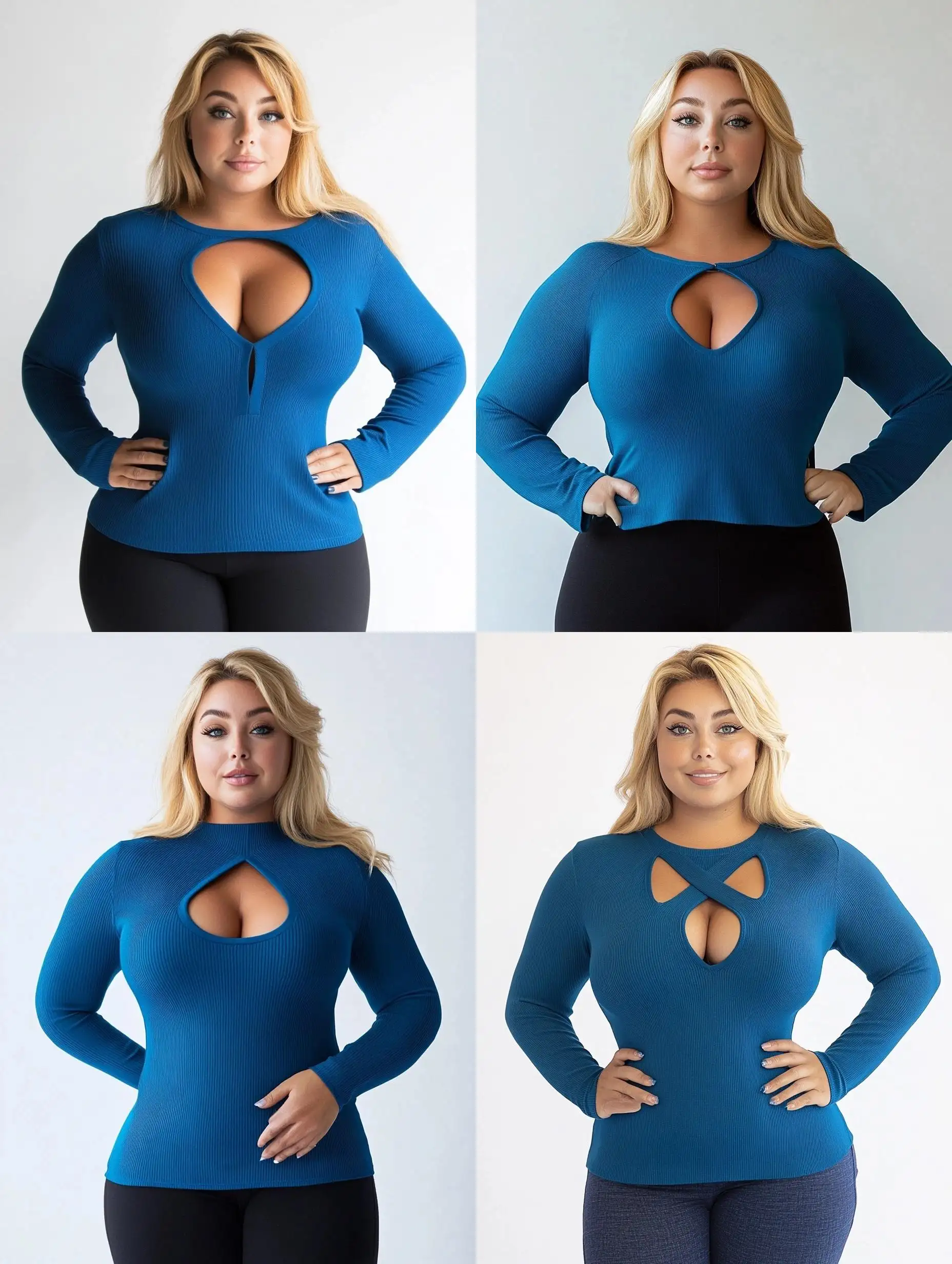 Plus-Size-Woman-in-Blue-Long-Sleeve-Top-with-Cut-Out-Front-on-White-Background