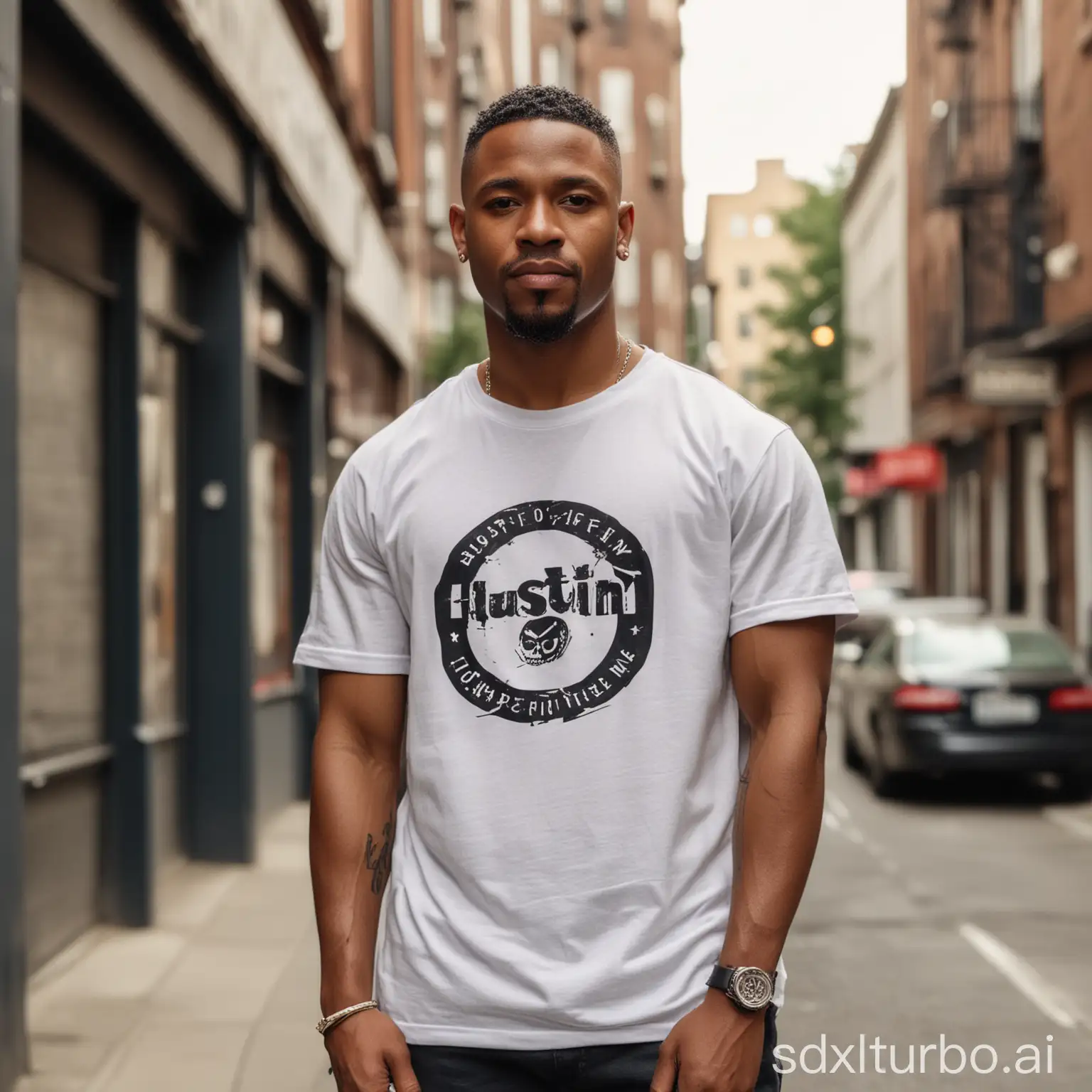 Middle-aged Black male with a fade haircut, slightly muscular build, and medium brown skin tone, wearing urban attire including a short sleeve shirt with a circle-shaped logo on the front that reads 'Hustlin' Bones. It's Just In Me!', standing in a city environment with a confident expression.