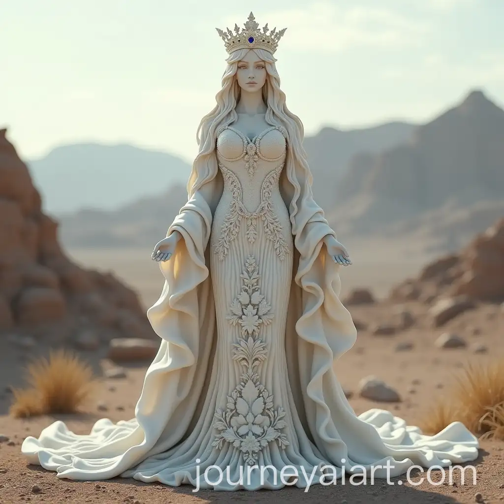 Majestic-Goddess-Queen-Statue-in-Desert-Landscape-with-Intricate-Embroidery-and-Mystical-Atmosphere
