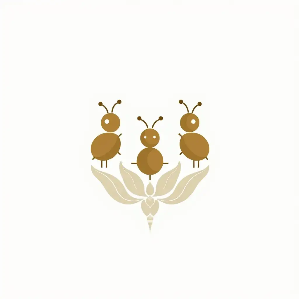 Logo with three stylized ants representing family members (sister, brother, father), Tibetan Buddhist elements, prayer wheel, endless knot symbol, lotus flower, minimalist design, clean lines, white background, symbolic of spreading wisdom and benefiting others, harmonious composition, professional look, vector art style, balanced layout, muted earthy colors with gold accents