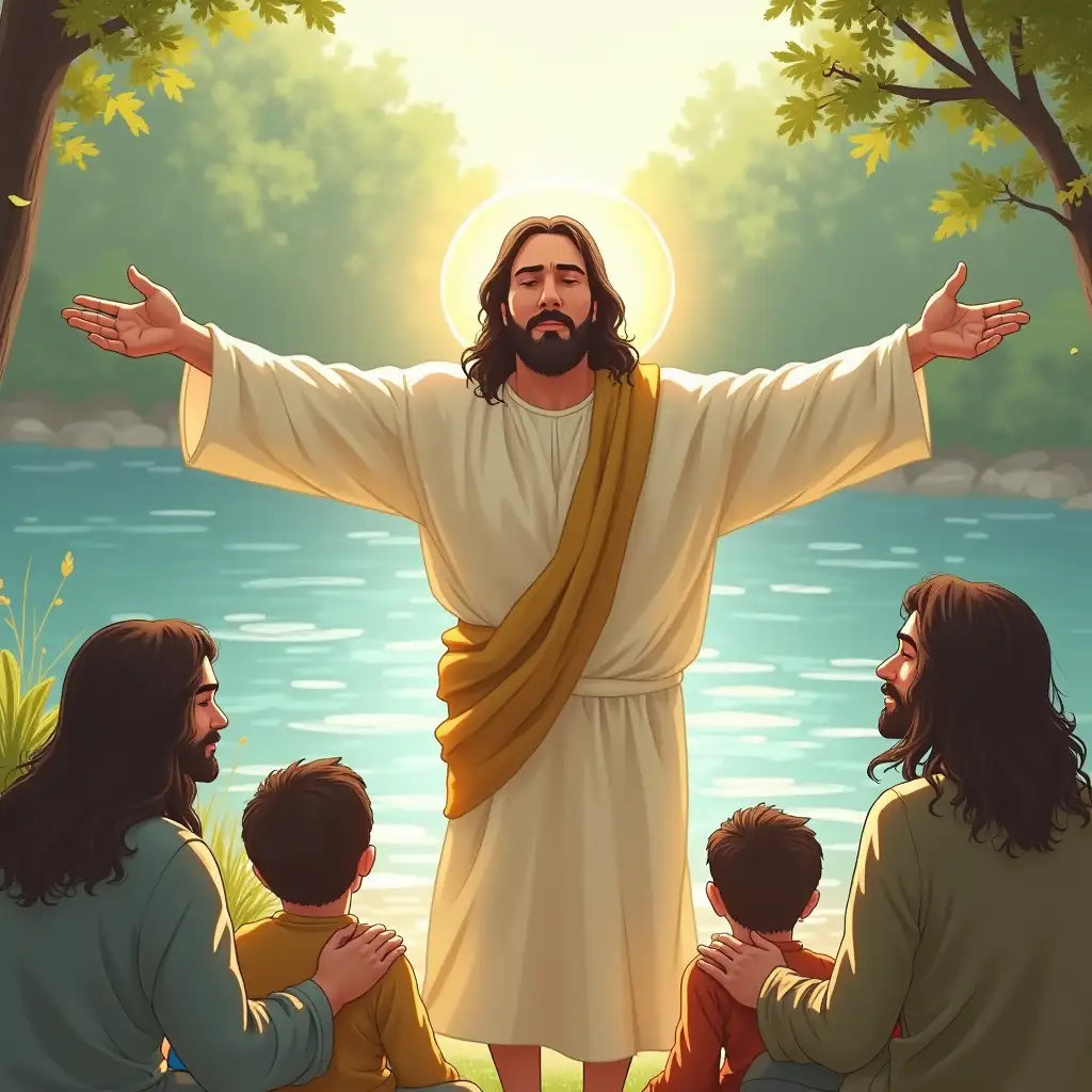 An illustration inspired by the Bible verse Matthew 11:28, depicting Jesus with open arms in a peaceful natural setting, inviting people to come to Him. He stands by a serene lake, with gentle sunlight casting a warm glow. People with weary expressions approach Him, feeling comforted and peaceful. Soft colors and a tranquil atmosphere evoke themes of rest, comfort, and relief, as inspired by the verse 'Come to me, all you who are weary and burdened, and I will give you rest.' A subtle halo glows around Jesus, symbolizing His divine presence and compassion.