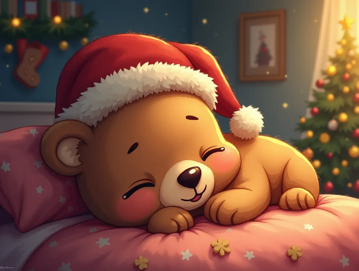 Cute-Bear-Sleeping-at-Christmas-with-Cozy-Holiday-Setting