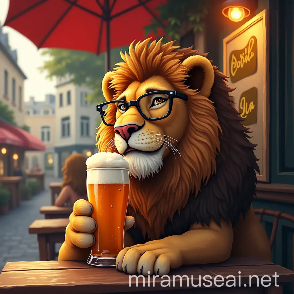 Lion in Glasses Enjoying Beer at Bistro Terrace