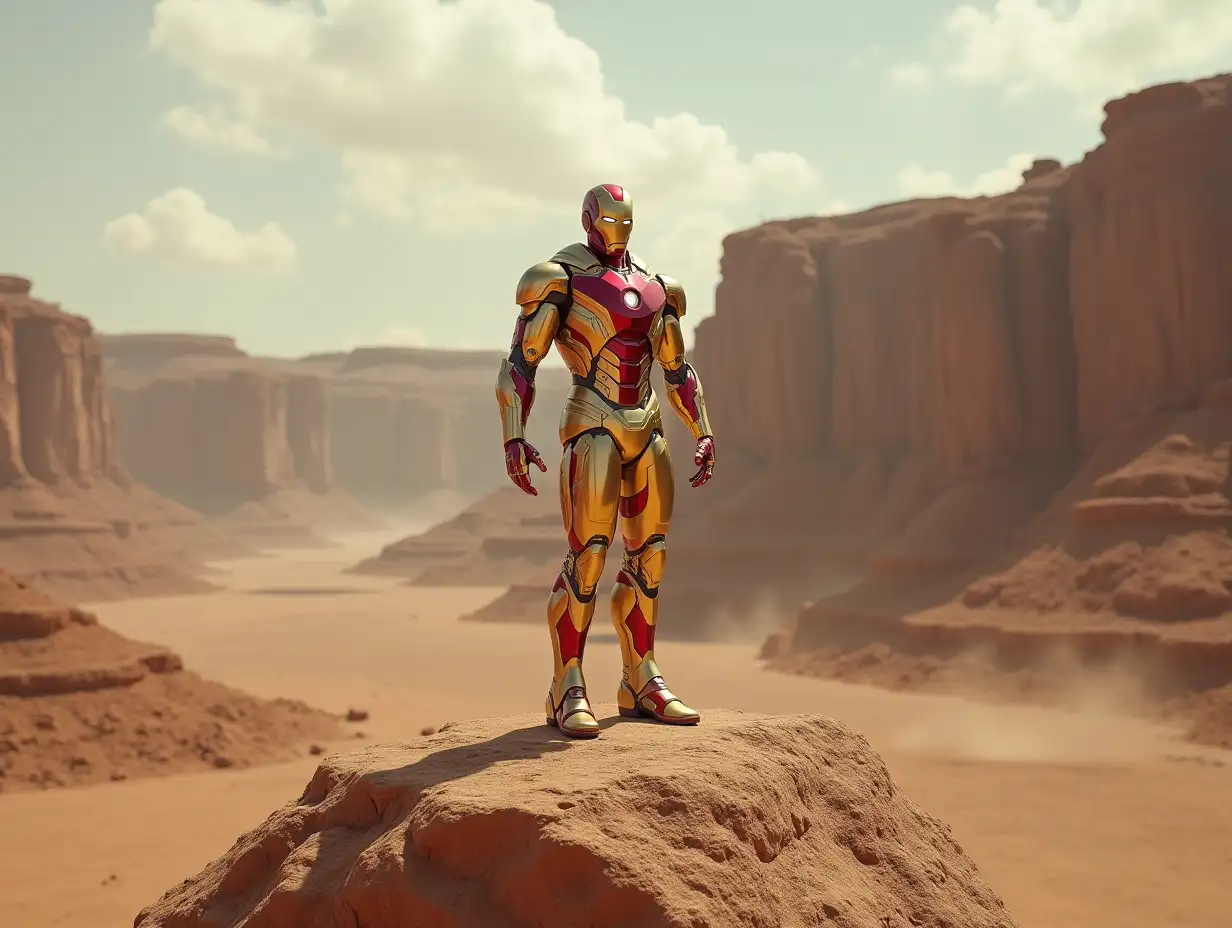 Iron-Man-with golden white suit in the stony desert landscape on a rock with ruby body take