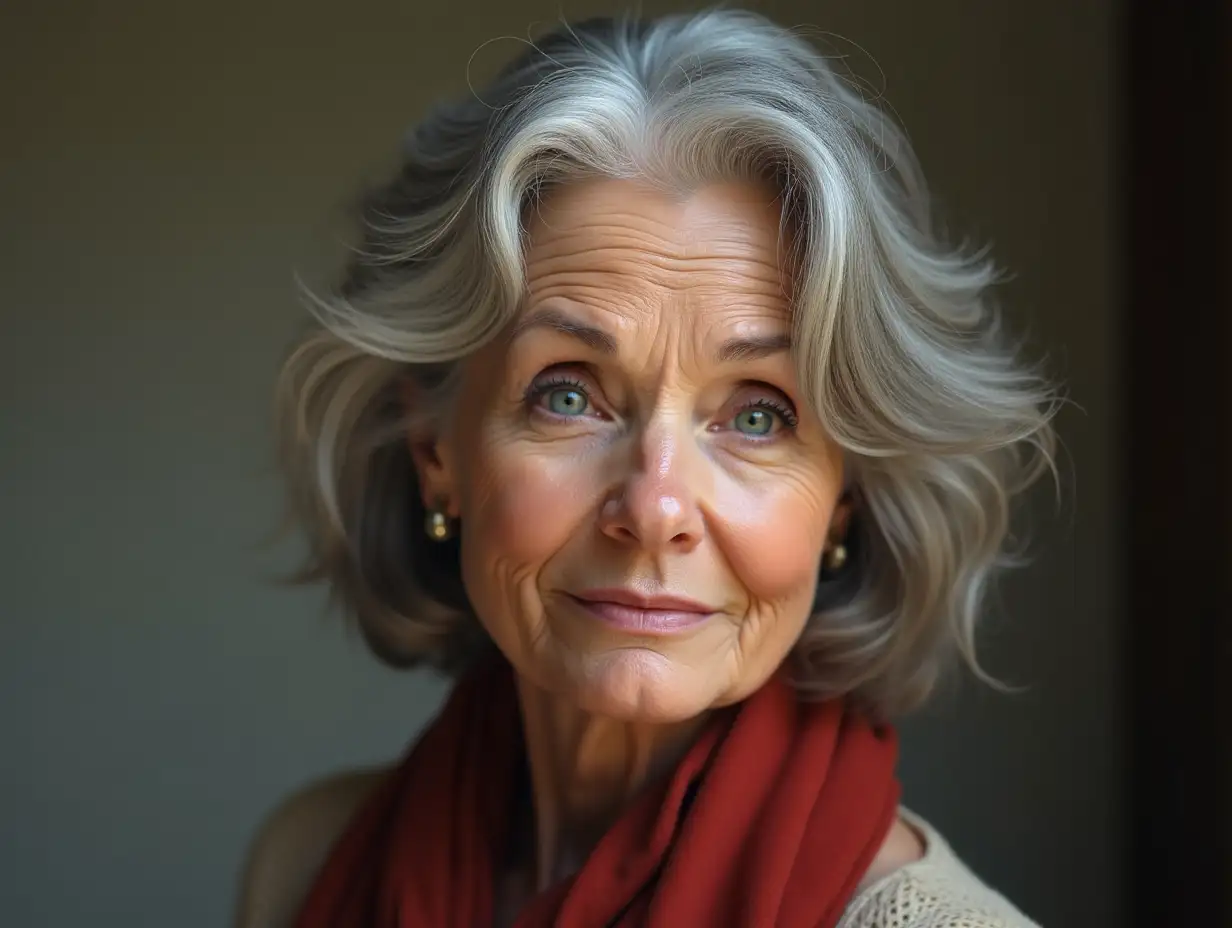 Create a high-resolution, photorealistic image of a woman 65 years old