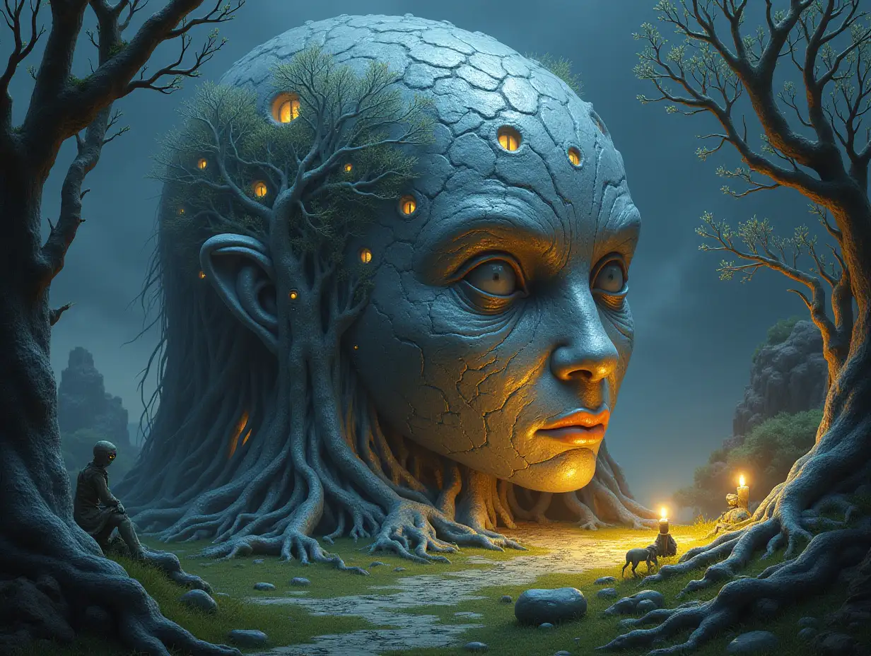 Creating a digital painting of a face with hair, that transformed into a building with silver stones and lit trees with roots and lamps and strange alien beings on a lawn