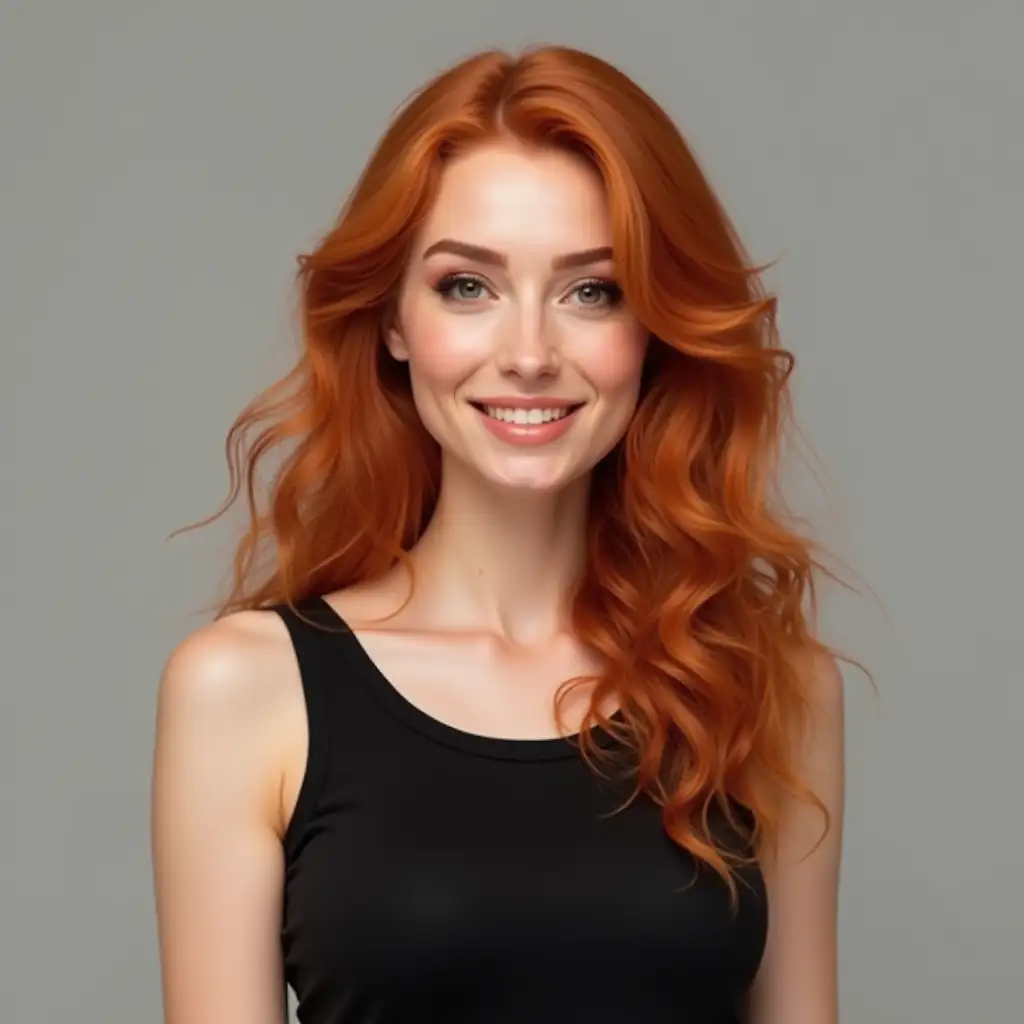 Woman (ethnicity:1.2), (age:1.1), (detailed clothing:1.2), (accessories:1.1), (facial features:1.3), (expression:1.2), (body type:1.1), (pose:1.2) with vibrant, wavy, ginger-red hair (detailed hair texture:1.2),  facing directly at viewer, center-frame,  wearing a simple black sleeveless top, neutral-toned background (light gray), soft lighting, studio shot, photorealistic, portrait, (skin texture:1.2), subtle makeup, pleasing smile, medium shot, detailed eye makeup, subtle blush,  natural lighting, warm tones.