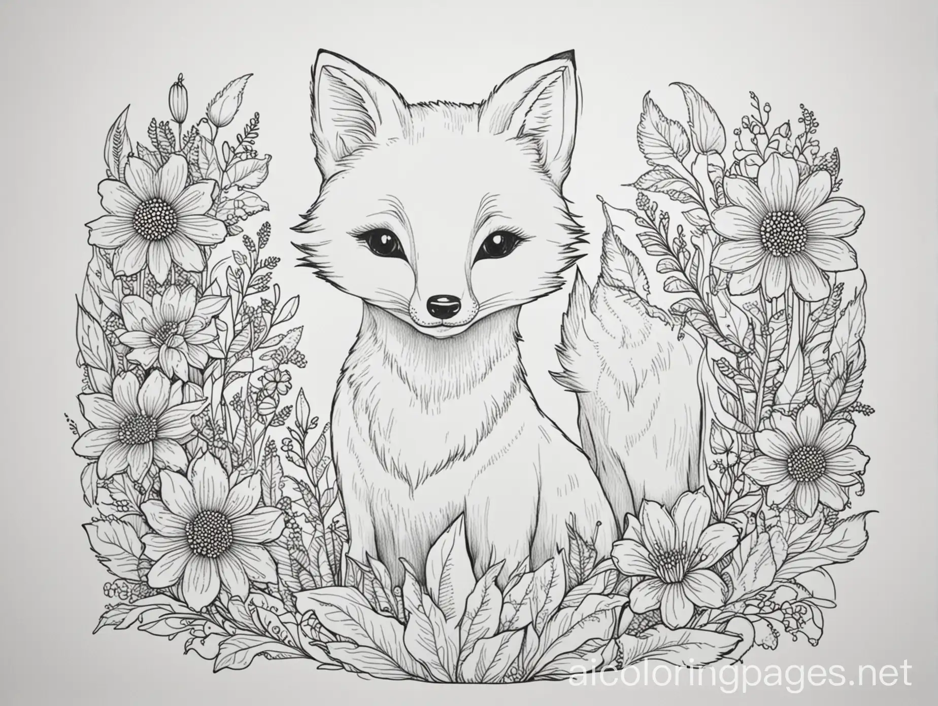 Fox-Flowers-Coloring-Page-Simple-Line-Art-on-White-Background