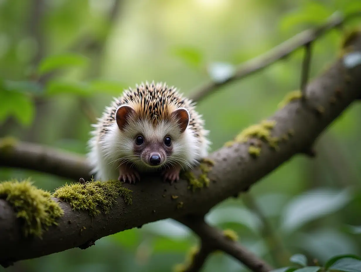 Hedgehog on a branch in the forest