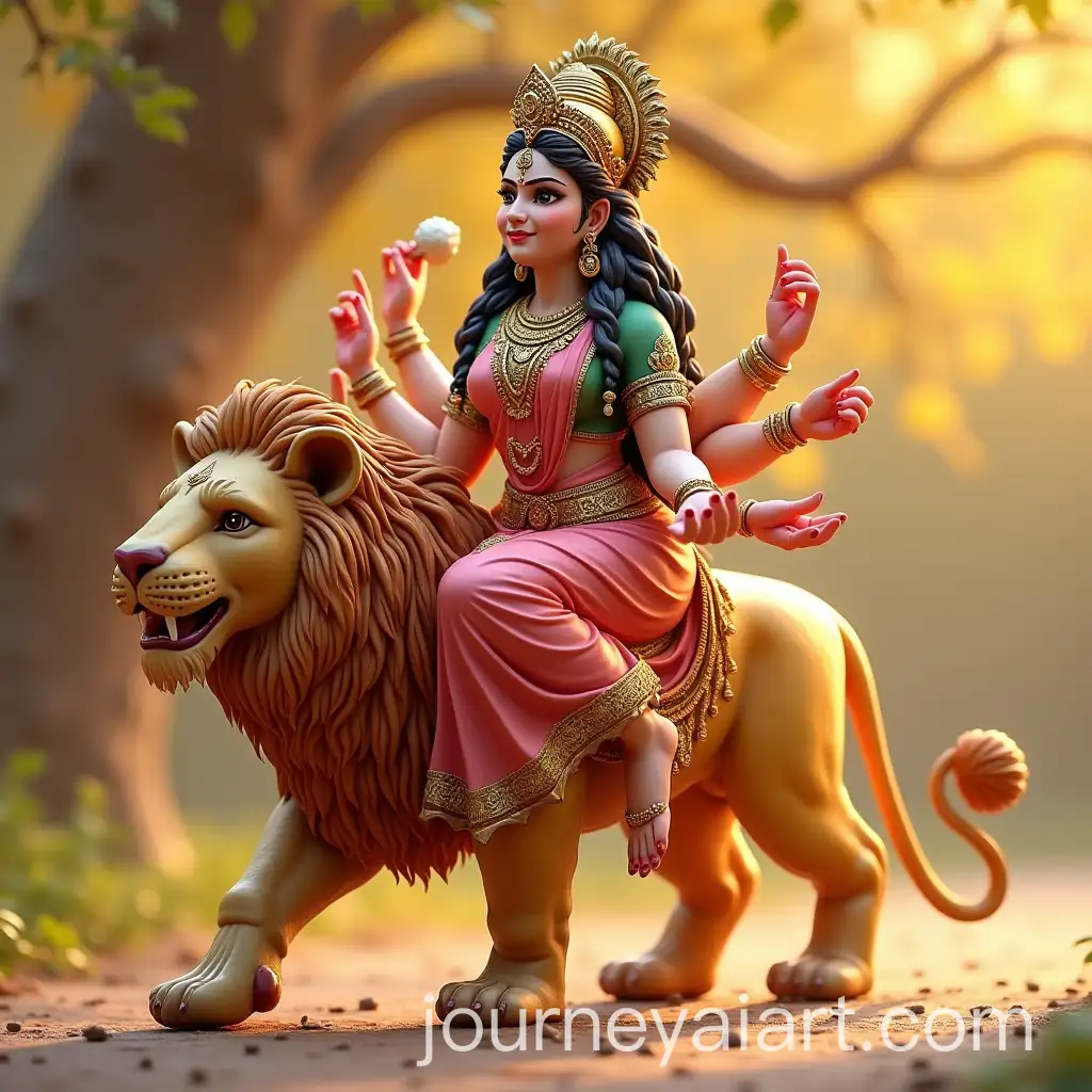 Maa-Durga-Goddess-in-Saree-Riding-Lion-under-Shining-Tree