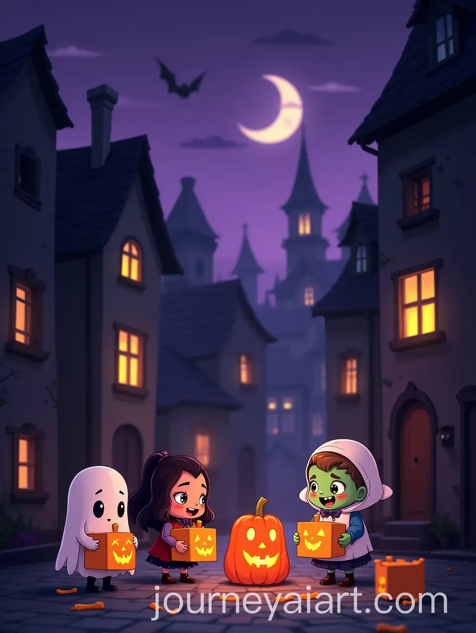 Cute-Halloween-Scene-with-Ghosts-Vampires-and-Zombies-Asking-for-Candy