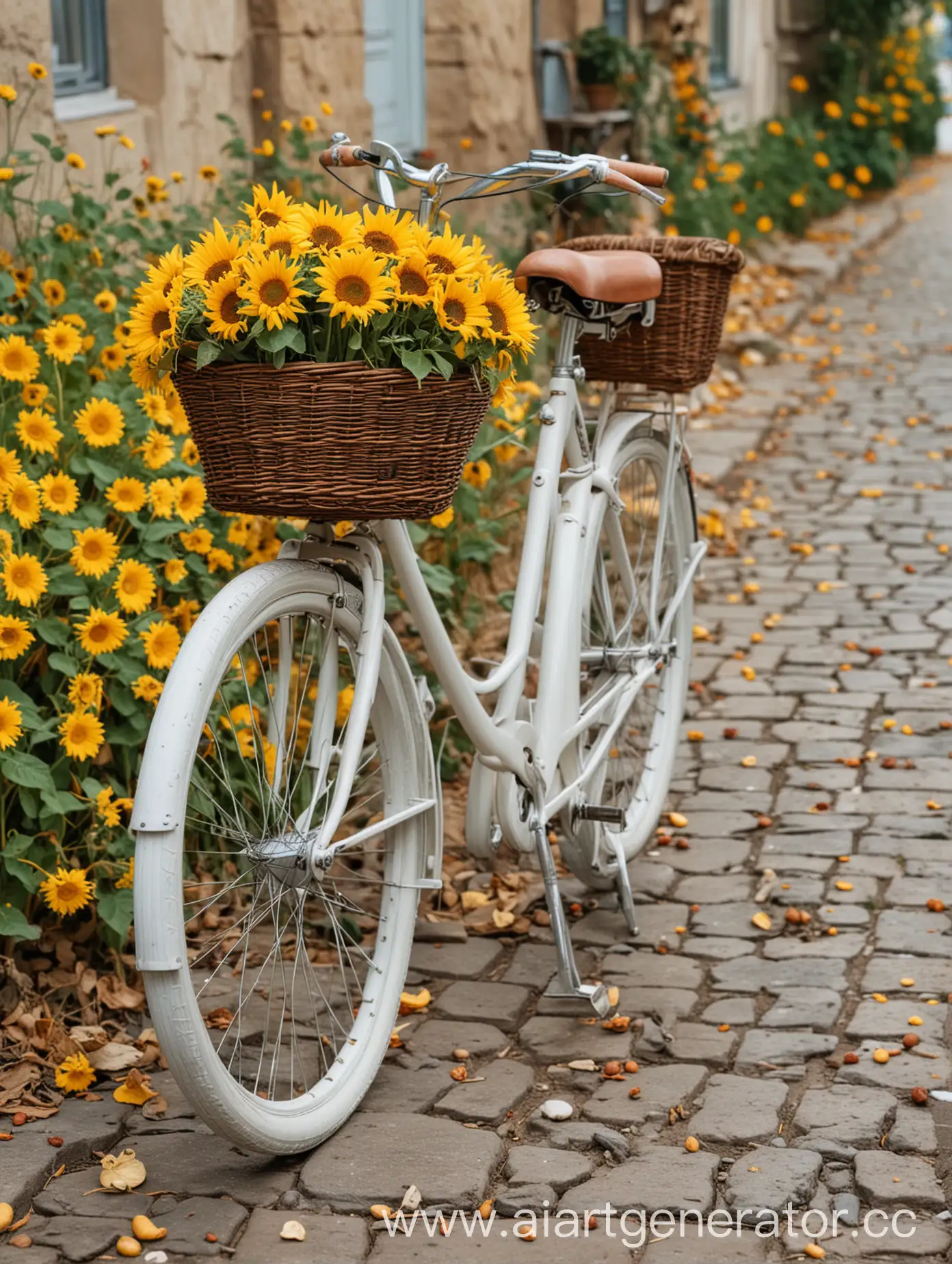 White-Bicycle-with-Sunflowers-on-Autumn-Street