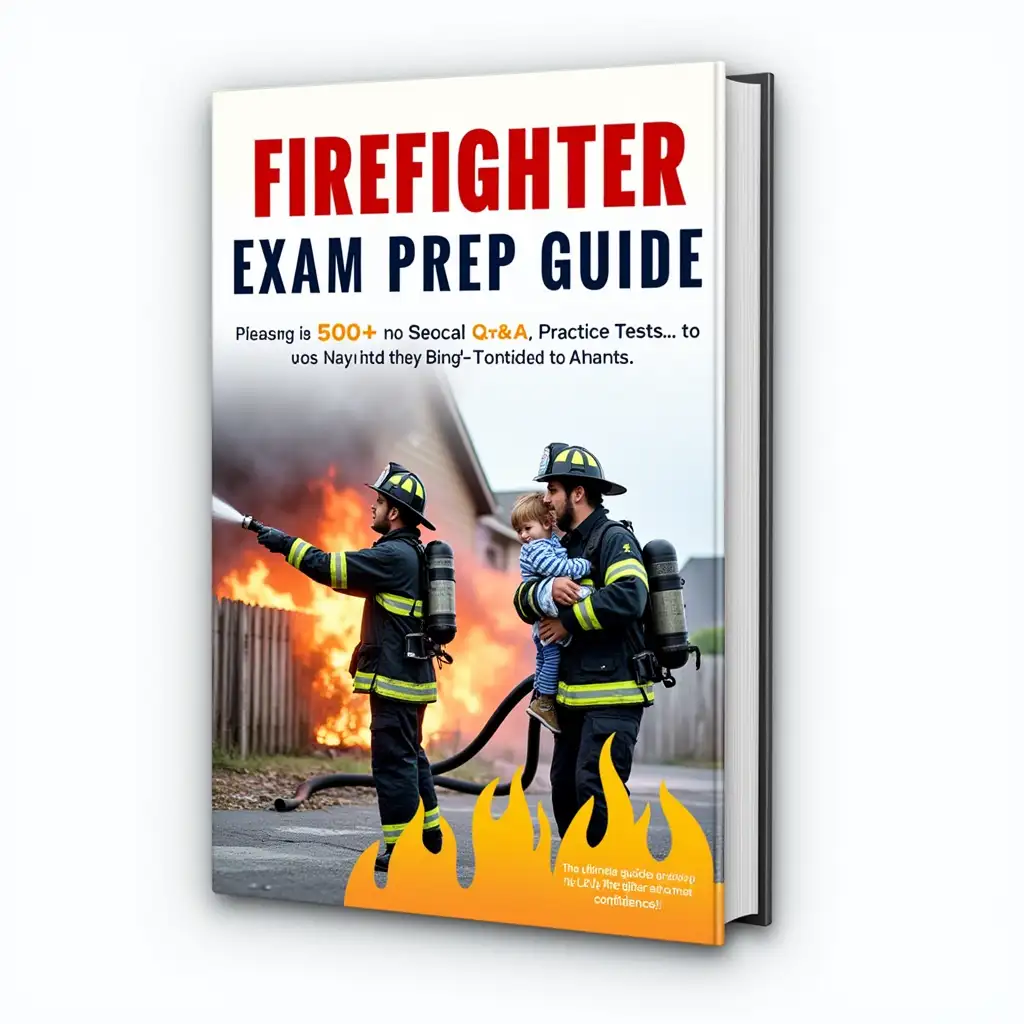 A professional and visually striking book cover for a firefighter exam preparation guide, optimized for smartphone visibility. The background features a clean gradient transitioning from white at the top to light blue at the bottom, creating a fresh and modern appearance. At the bottom of the cover, add stylized flames in soft tones of orange and yellow, subtle yet dynamic, symbolizing the challenges and bravery of firefighting. The central scene depicts two heroic firefighters in action: one in a detailed U.S. firefighter uniform, confidently aiming a water hose at a burning house, with intense flames and smoke in the background. Beside him, another firefighter is shown carrying a rescued child, the child's face clearly visible, expressing gratitude and relief, adding an emotional and human touch to the scene. The title, 'Firefighter Exam Prep Guide,' is prominently placed at the top in bold, modern typography, with a red and blue gradient for strong contrast. Below the title, in smaller but clear yellow font, the subtitle reads: '500+ Q&A, Practice Tests, and a 30-Day Study Plan.' At the bottom of the cover, include additional text in a smaller font: 'The ultimate guide to passing the U.S. Firefighter Exams with confidence!' The overall composition is polished and professional, with diffused lighting that highlights the action and creates a sense of depth. Ensure crisp details, high contrast, and a clean layout for clear readability on small screens.