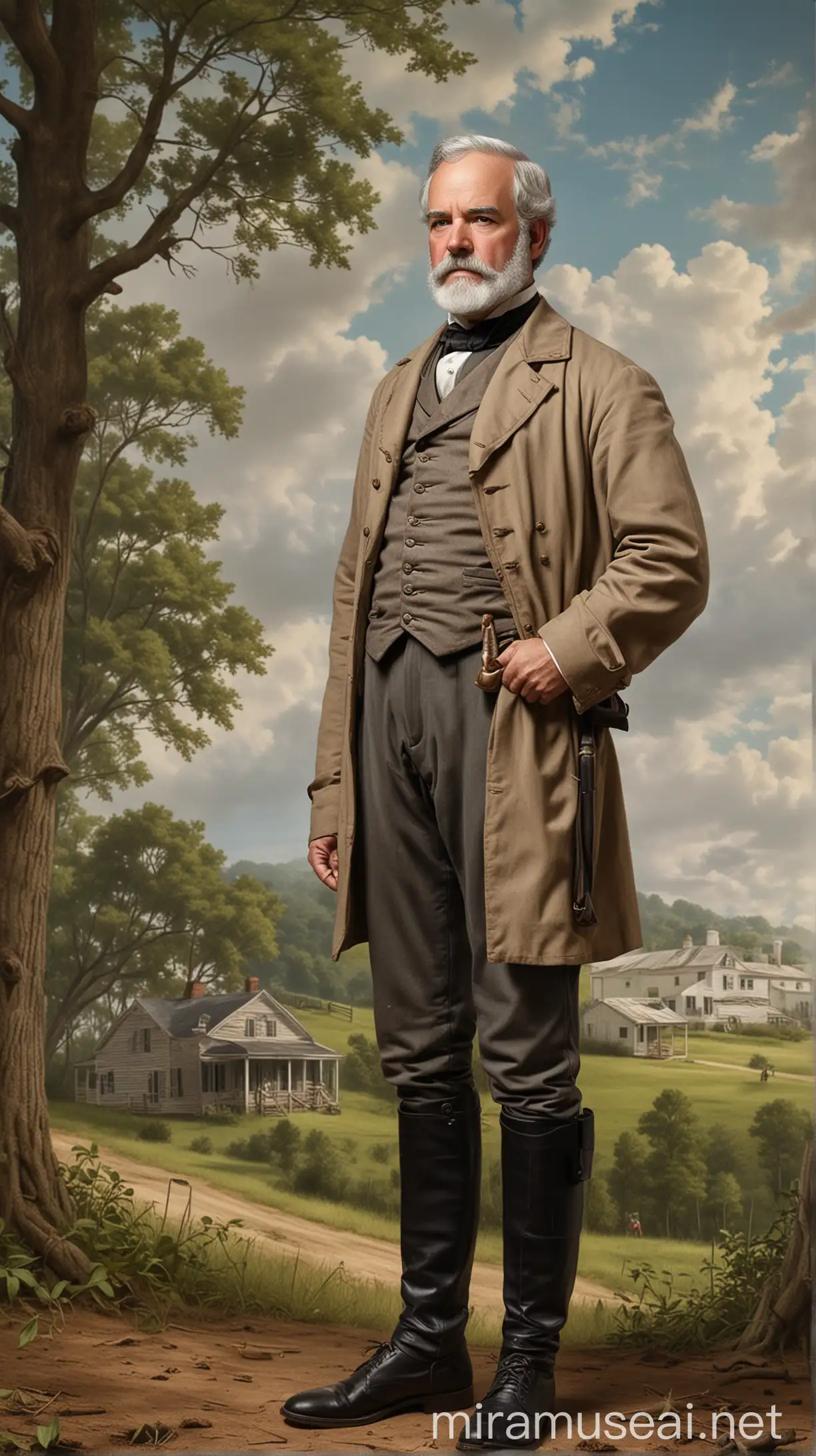 Illustrate a young Robert E. Lee, dressed in early 19th-century attire, perhaps with a backdrop of rural Virginia. hyper realistic