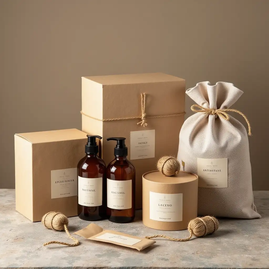 AI-Art-Prompt-ExpansionEcoConscious-Packaging-Display-with-Kraft-Paper-and-Amber-Bottles