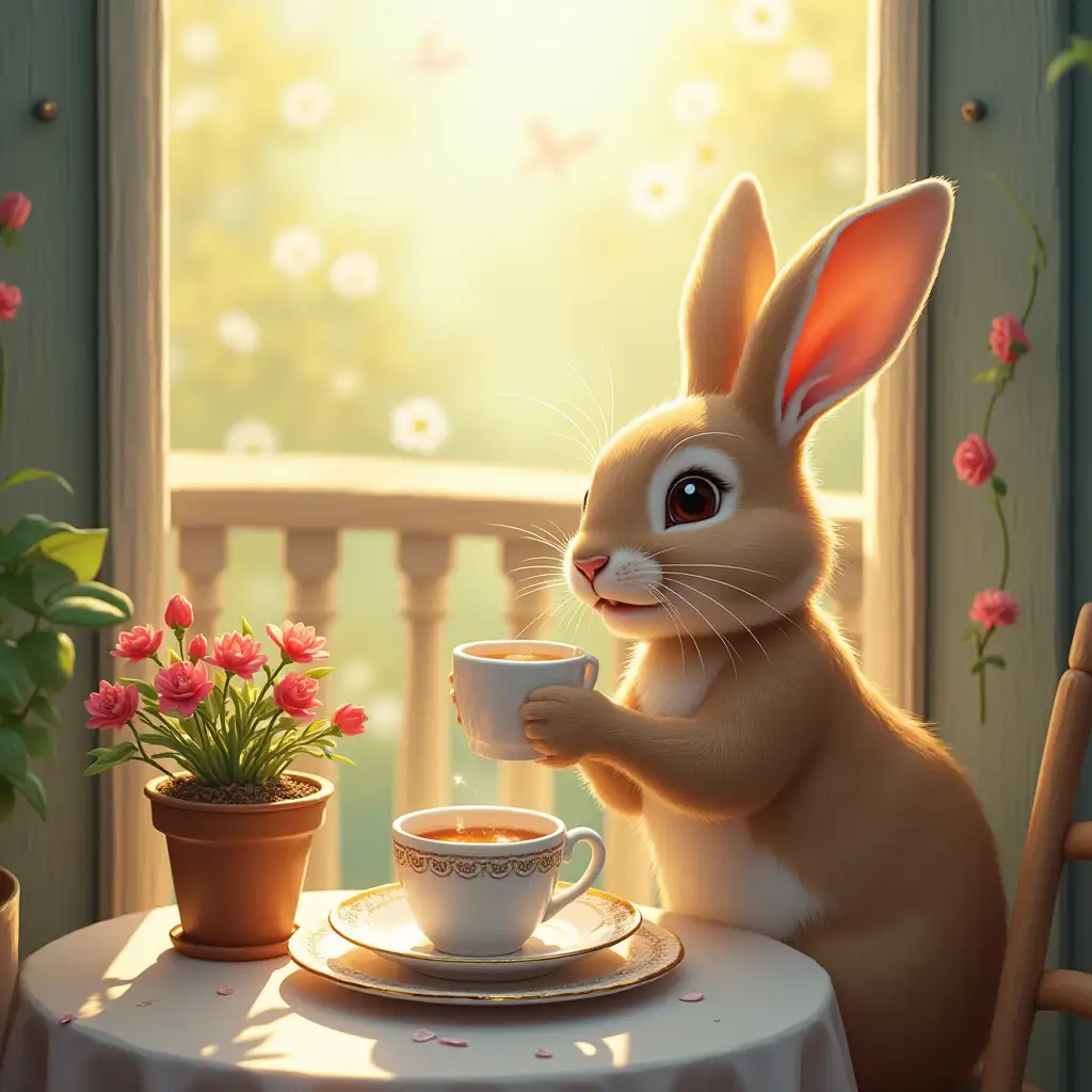 rabbit enjoying a cup of tea on the balcony