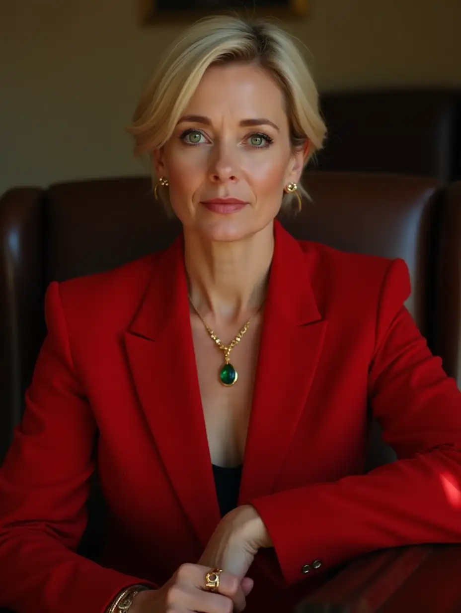 A woman under 40 years old, with green eyes, full-figured, height 160 cm, a medium-sized gold chain around her neck, a neat pendant with alexandrite on the chain, round earrings, small ears, short light hair, sitting with her back to the chair, wearing a RED suit and a ring with an alexandrite stone, thin lips