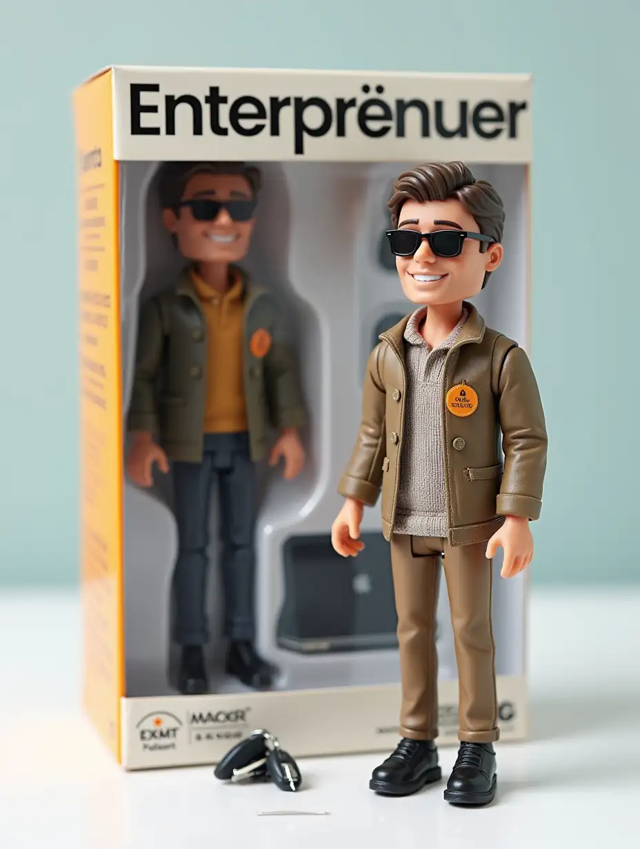 Create a posable action figure set based on the character in the photo, keeping their distinct features. The set includes one figure modeled after the photo’s character, along with mobilephone, laptop, car keys, sunglasses. The packaging box is titled Enterprenuer in bold text